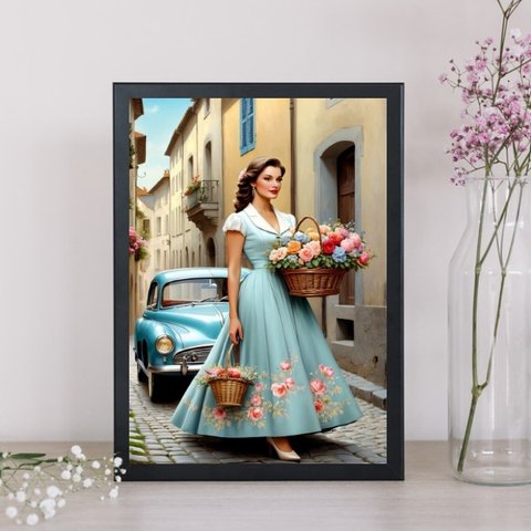 Quadro Anos 50 - Mulher Carro e Flores 33x24cm - com Vidro:moldura Preta