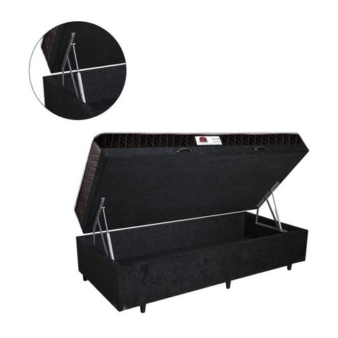 Cama Box Baú Solteiro Colchão Espuma D33 + Box Suede Preto Serra Negra 56x88x188