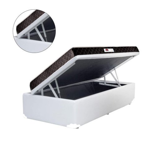 Cama Box Baú Solteiro Colchão Espuma D45 Bordado + Box Sintético Branco Serra Negra 62x88x188