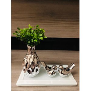 Kit Decoração Sala Vaso Cerâmica Bandeja Vidro Enfeite Mesa: Prata com Branco
