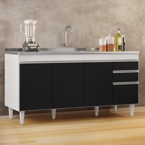 Balcão Gabinete com Pia Inox 160cm Arkansas Branco/Preto - Lumil Lumil Móveis