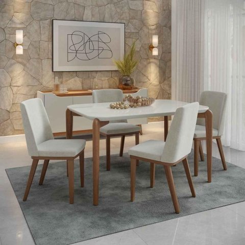 Conjunto de Jantar Mesa c/Vidro Donatella 4 Cadeiras Kalina - Linho Off White - Linked 02