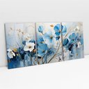 Ver imagem 1 de Kit Quadro Decorativo 3 Telas Canvas Flores Azuis em Traços de Ouro Tacolado Borda Infinita 80 X 120