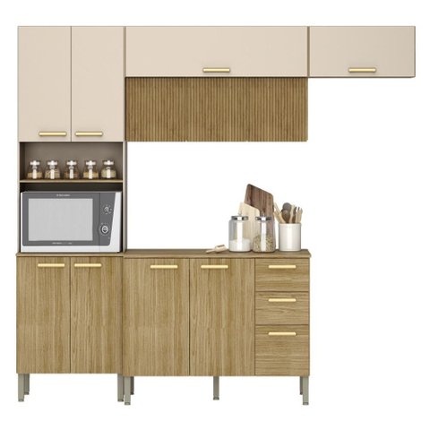 Armário de Cozinha Completa com Balcão com Tampo 12 Portas Urbano - Freijó/vanilla/com Ripado