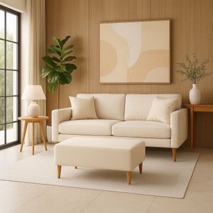 Puff Bela Manu Decor Madri Pés Palito Tecido Sued Bege Claro