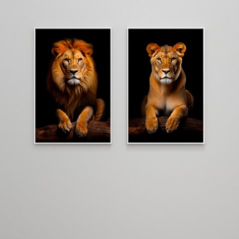 2 Quadros Decorativos Leão e Leoa no Tronco Sala Quarto Casa Escritório