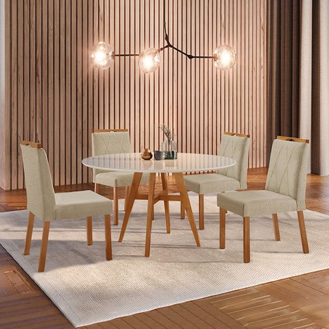 Conjunto Sala de Jantar Mesa Atenas Madeira Maciça 110cm Tampo Redondo Vidro Off White com 4 Cadeira