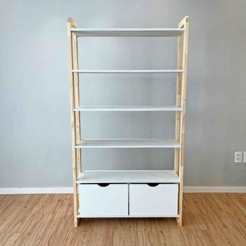 Estante Linea Ample 6 Prateleiras 2 Gavetas Madeira Pinus 100cm Branco e Natural Artfactory Design