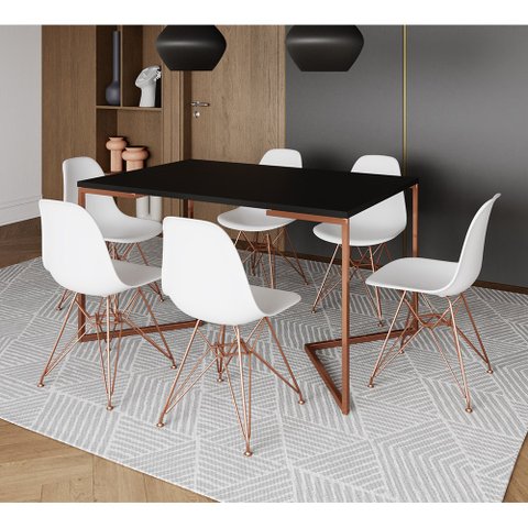 Mesa Jantar Industrial Retangular 137x90cm Preta Base V c/ 6 Cadeiras Eames Eiffel Brancas Base Cobr