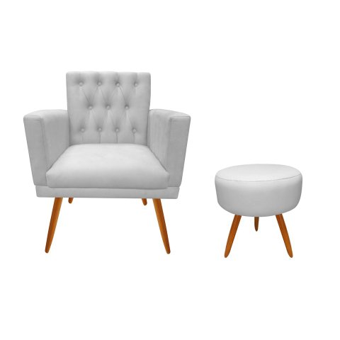 Kit Poltrona Decorativa Nina Capitonê + Puff Redondo Couro Branco Pés Madeira Ms Decor