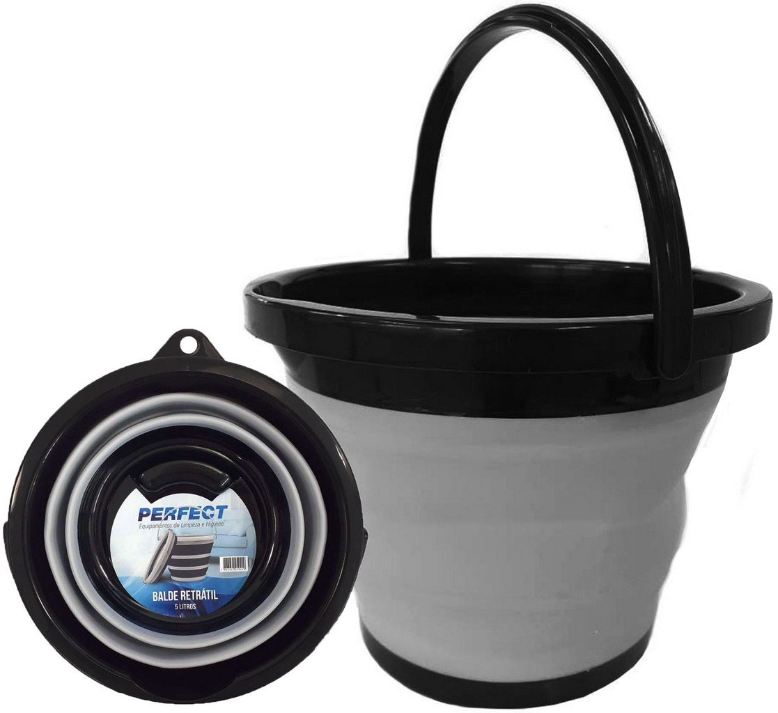 Balde Retrátil 5 Litros Dobrável Silicone Sanfona Cinza Flexível Com ...