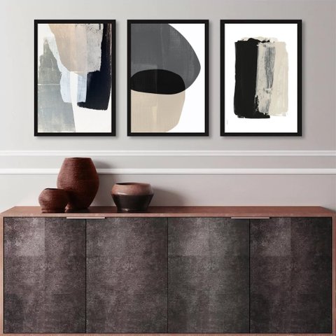 Kit 3 Quadros Abstratos para Sala- Cinza Bege e Preto 45x34cm - com Vidro:madeira Preta