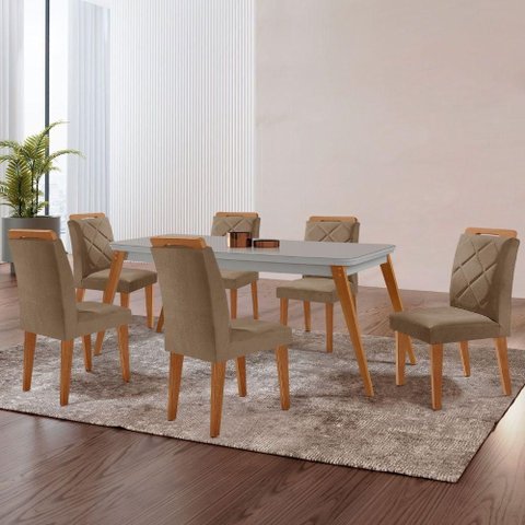 Mesa Copper 180cm MDF Vidro e 6 Cadeiras Melissa Vel Capuccino /Off /Naturale /Serig Off com Vidro