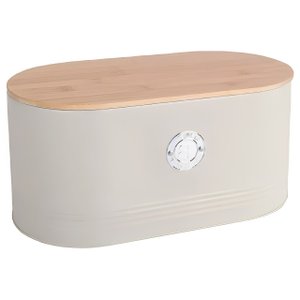 Porta Pão em Metal Creme com Tampa Bambu 33,5cm