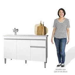 Balcão Gabinete com Pia Inox 120cm 3 Portas e 1 Gaveta Tatiane Branco - Ajl Móveis - 5