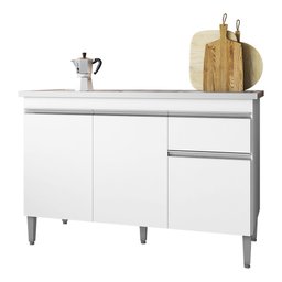 Balcão Gabinete com Pia Inox 120cm 3 Portas e 1 Gaveta Tatiane Branco - Ajl Móveis - 1