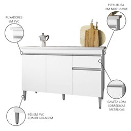 Balcão Gabinete com Pia Inox 120cm 3 Portas e 1 Gaveta Tatiane Branco - Ajl Móveis - 3