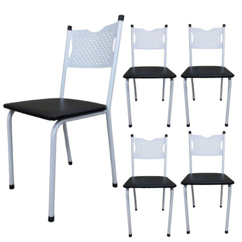 Kit 5 Cadeira para Cozinha Mc Tubular Almofadada Estrutura Branca com Assento Preto Medcombo