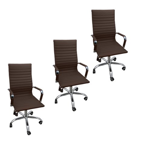 Kit 3 Cadeiras Eames Esteirinha Presidente Escritório Alta Marrom