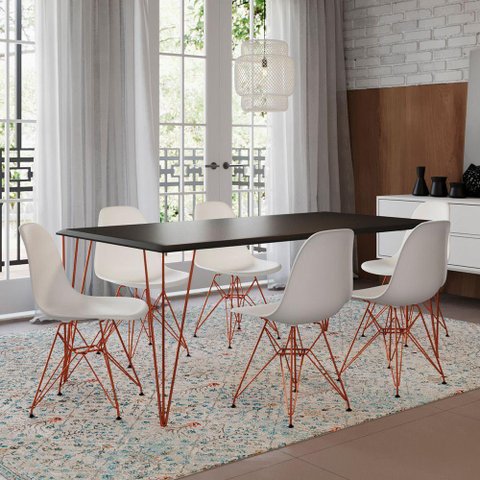 Mesa Sala de Jantar Industrial Preta 135x75 com 6 Cadeiras Bracas de Ferro Cobre