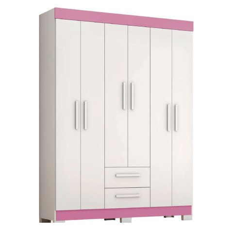 Guarda Roupas Casal Juvenil 6 Portas 2 Gavetas Líbano Branco / Rosa Notável