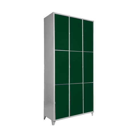 Armário Roupeiro de Aço Vestiário Academia 9 Portas Verde Escuro com Chave