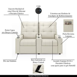 Poltrona do Papai Reclinável Cinema 2 Lugares Manual Baú Usb Haifa F05 Veludo Bege - Lyam Decor - 4