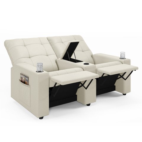 Poltrona do Papai Reclinável Cinema 2 Lugares Manual Baú Usb Haifa F05 Veludo Bege - Lyam Decor