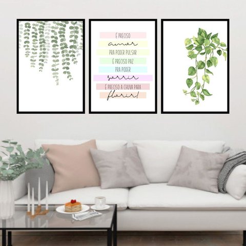 Kit 3 Quadros Samambaia - É Preciso Amor 33x24cm - com vidro:Madeira preta