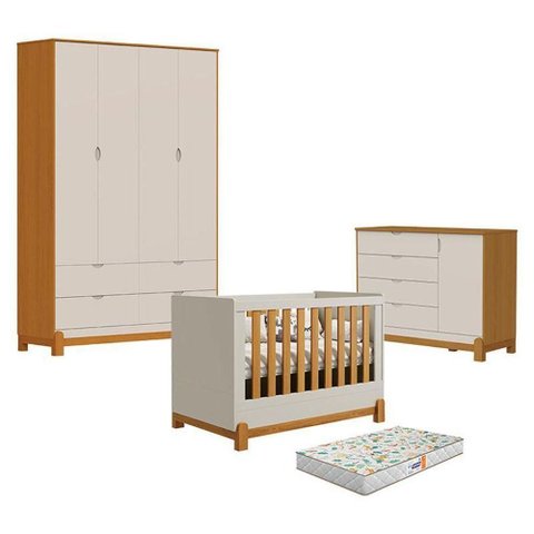 Quarto de Bebê Lótus Liso Areia Savana 4 Portas 4 Gavetas MDF 120cm Bege Reller Móveis