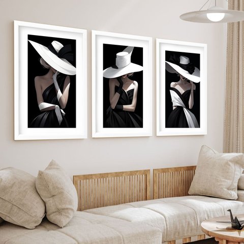 Kit 3 Quadros Grandes Dama 60x48cm:moldura Branca