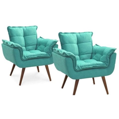 Kit 2 Poltronas Decorativa Opala Suede Azul Tiffany - Sa Móveis