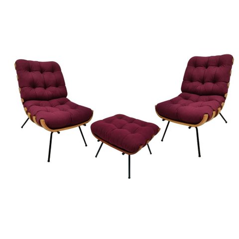 Kit 02 Poltronas e 01 Puff Costela Suede Marsala