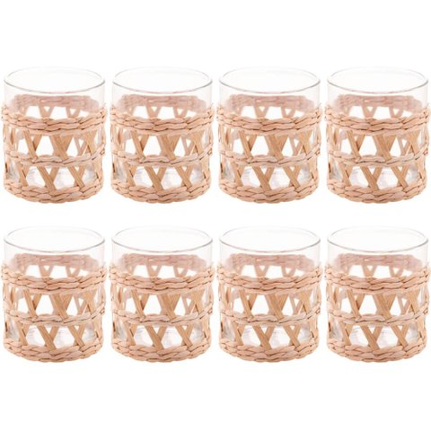 Conjunto 8 Copos Baixos de Vidro Wolff com Sisal 320ml Decorados Fibra Natural Rústicos