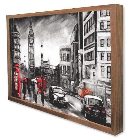 Quadro Decorativo Caixa Alta com Vidro Cidade Londres - Big Bem Preto, Branco e Vermelho TaColado Mo