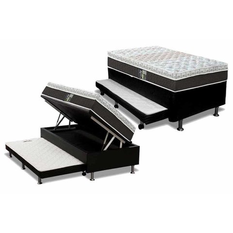 Cama Box Baú C-auxiliar Solteiro: Colchão Molas Castor Pocket Class Híbrido + Base Crc Courano