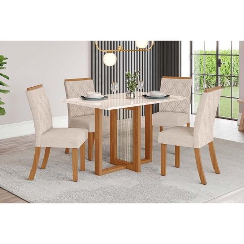 Conjunto: Mesa Sala Jantar Natalí C/ Tampo Madeirado C/ Vidro Reto 120x80cm e 4 Cadeiras Vita