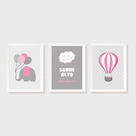 Kit Três Quadros Sonhe Alto, Balão e Elefante Rosa e Cinza