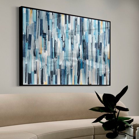 Quadro Decorativo Abstrato Listras Multicoloridas e Azuladas em Moldura Caixa TaColado Moldura Trad 