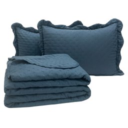 Kit Cobre Leito Colcha Perone Queen Dupla Face Toque de Pluma Micro Percal 300 Fios 3 Peças - Azul M - 1