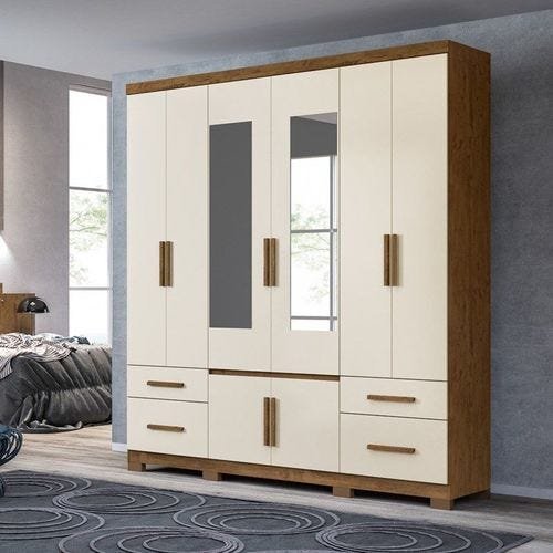 Guarda Roupa Porto Plus 201cm 8 Portas Castanho Wood Off White com Espelho Moval - 1