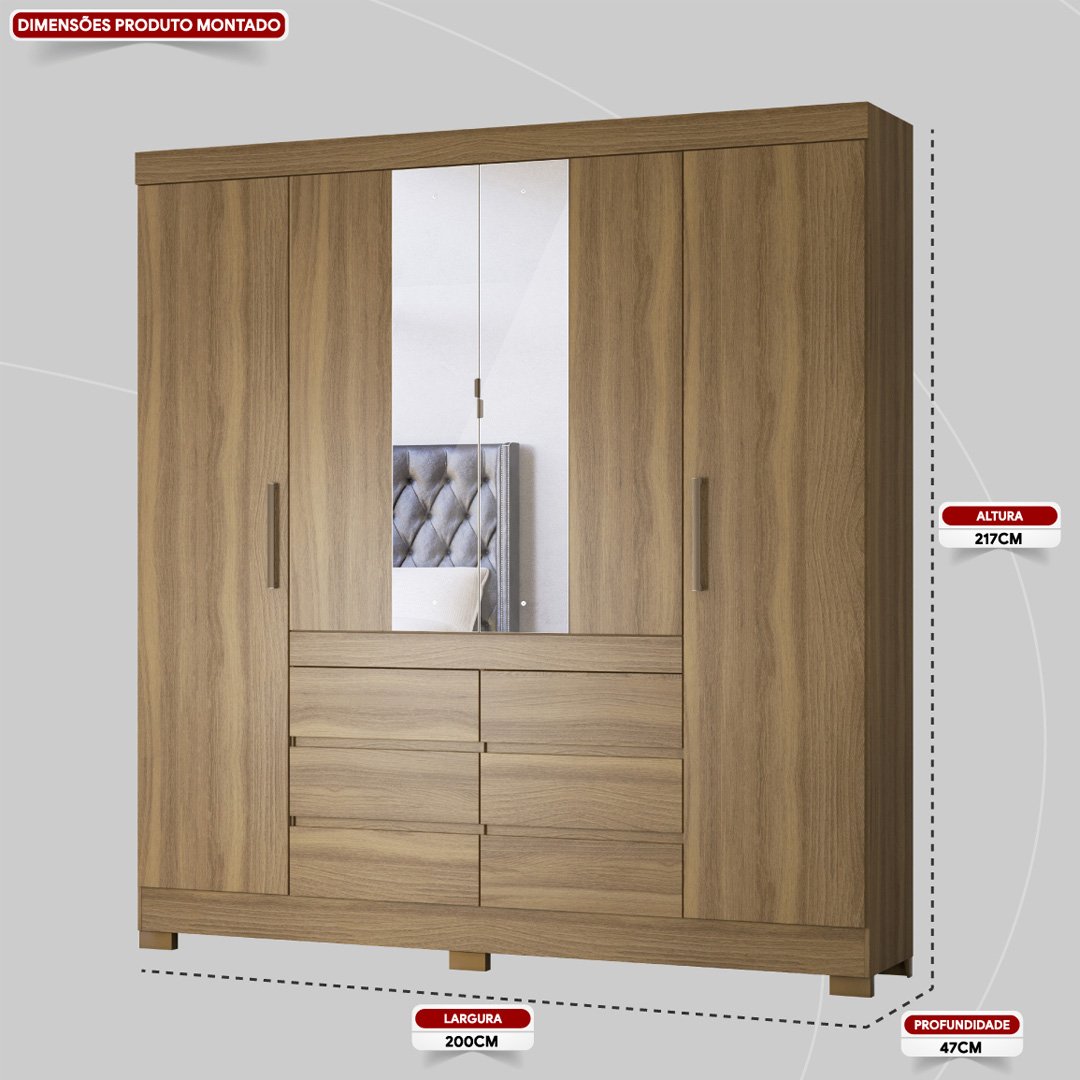 Guarda Roupa Casal 4 Portas com Espelho e 6 Gavetas Cádis - Amêndola Touch - 2