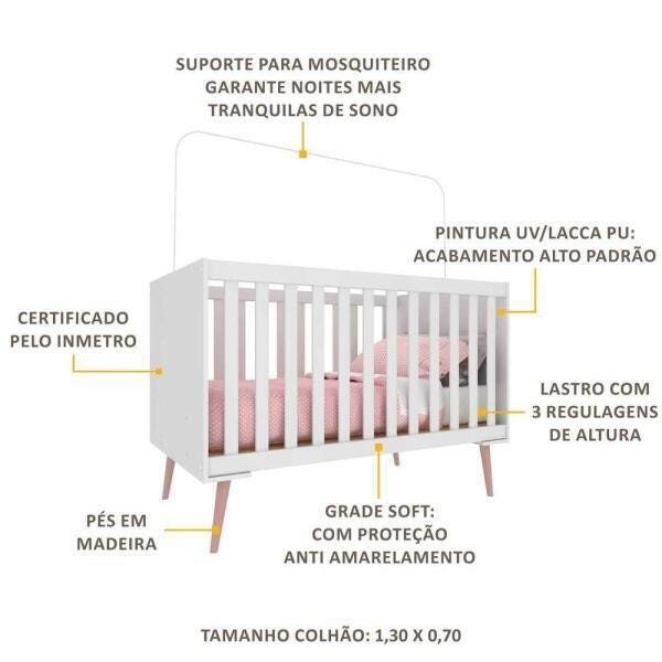 Berço Americano 100% MDF Certificado Inmetro Vintage Prime Branco/Rosa - 3