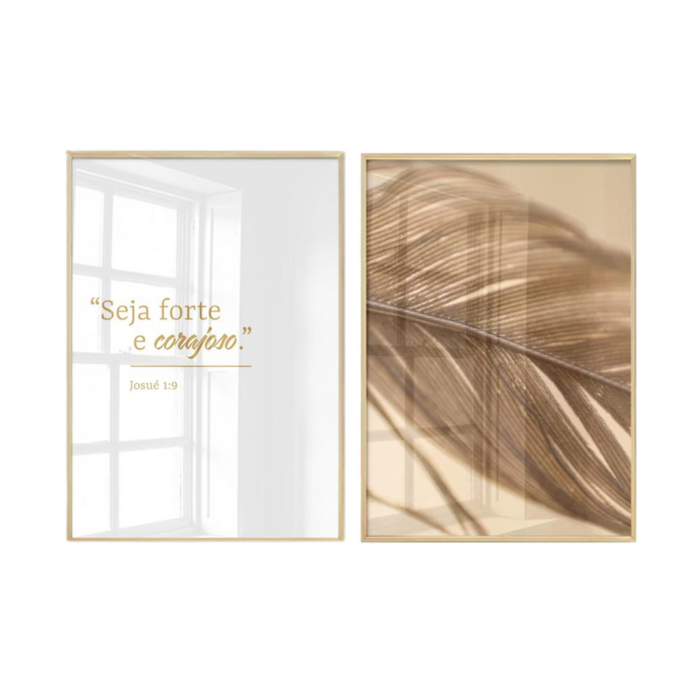 Dupla de Quadros Decorativos Moderno Com Vidro Versiculo Pena Dourado - 1