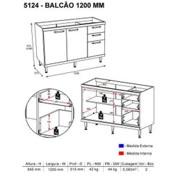 Balcão Multimóveis Sicília 120cm para pia 5124 Argila/Grafite - 2