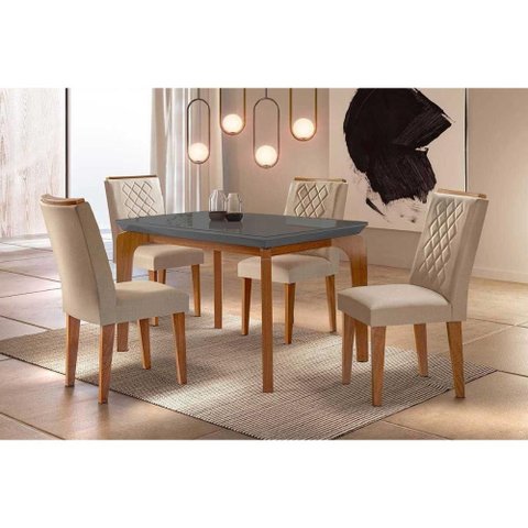 Conjunto: Mesa Sala Jantar Londrina C/ Tampo Madeirado C/ Vidro Canto Curvo 120x80cm e 4 Cadeiras