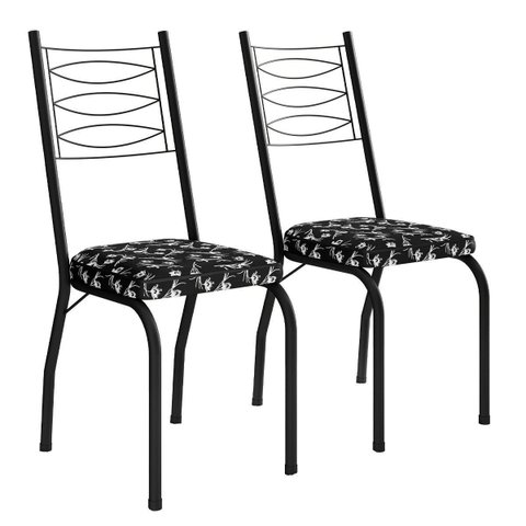 Kit 2 Cadeiras Aço Carbono Tubular Metálica Acabamento D-25 Luana Preto/preto Flor
