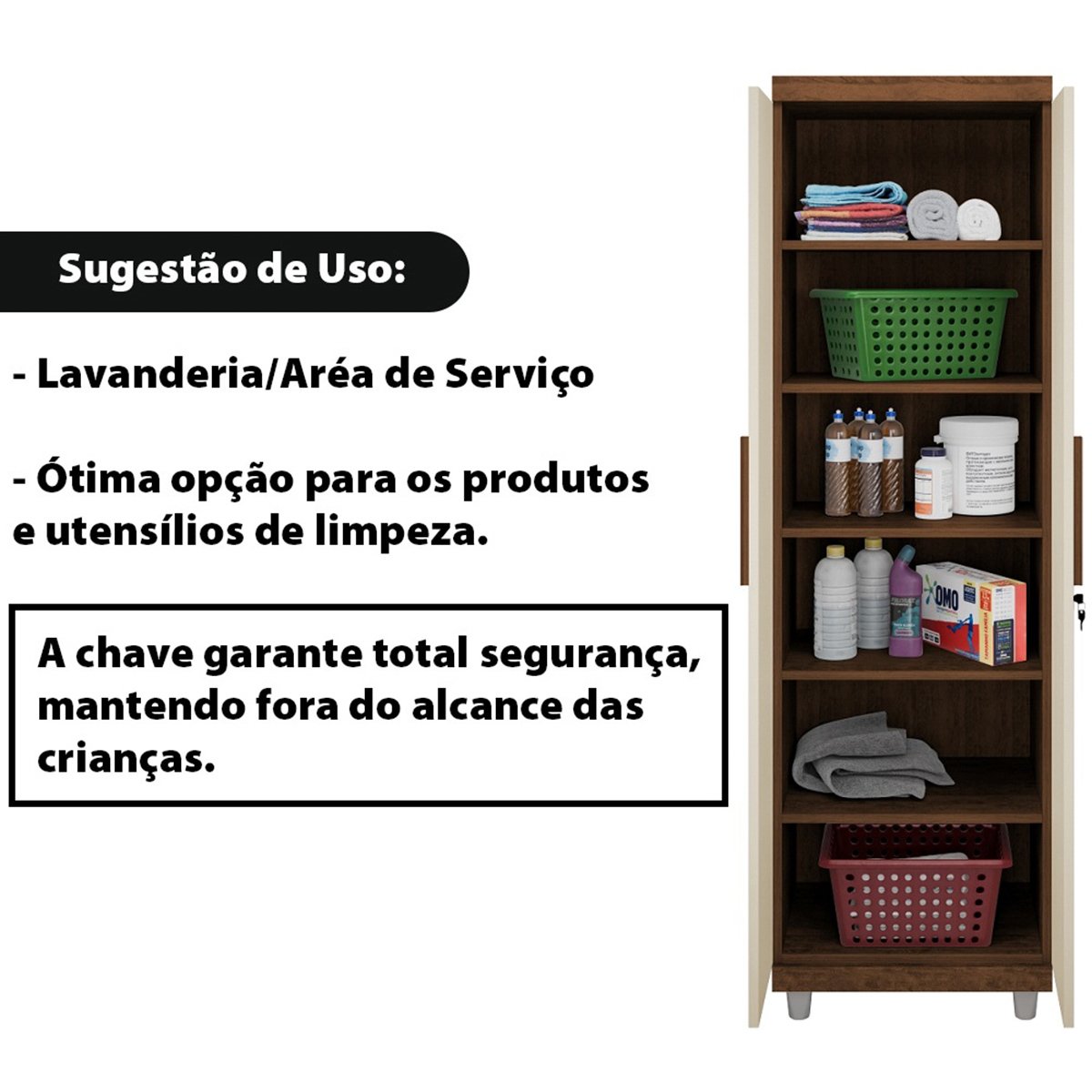 Armário Multiuso 2 Portas com Chave Organizador Home Office Lavanderia Freijó/off White - Lh Móveis - 9