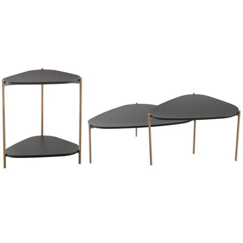 Kit 02 Mesas de Centro e 01 Mesa Lateral Pés Metálicos Adek A03 Nero Dourado - Lyam Decor