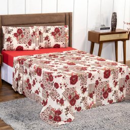 Jogo Lençol Casal King 4 Peças 100% Algodão Floral Vermelho - 1